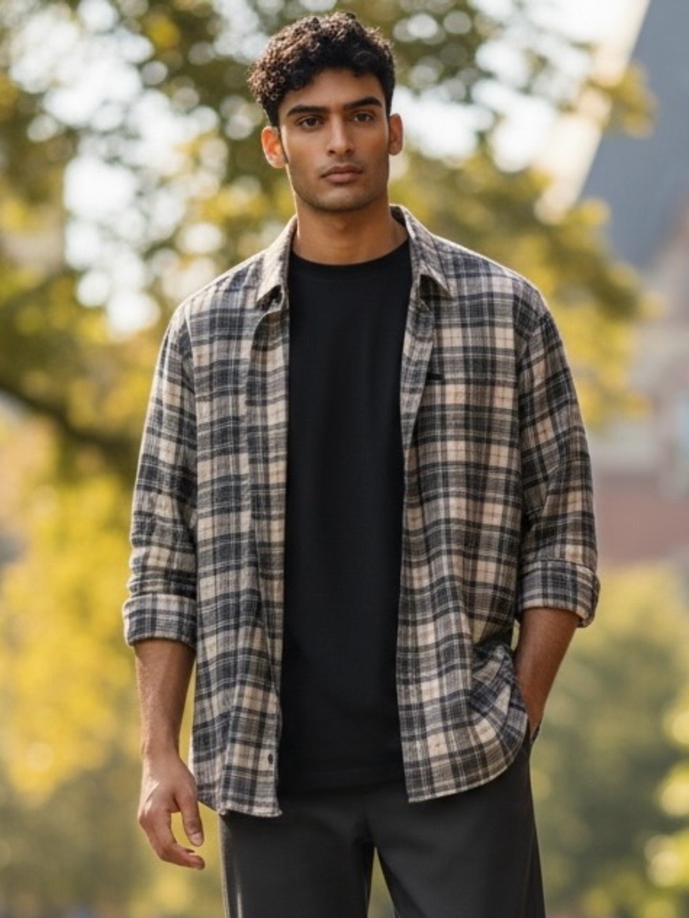 Casual Plaid Button-Down Shirt in Black & Beige